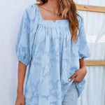 Zeagoo Quare Neck Babydoll Tops 3/4 Puff Sleeve Lace Blouse Summer Floral Textured Shirts