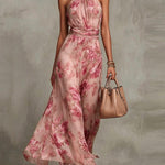 Green Floral Chiffon Halter Maxi Dress