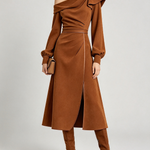 Brown Elegant Draped Off Shoulder Front Slit Midi Dress