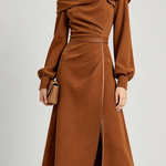 Brown Elegant Draped Off Shoulder Front Slit Midi Dress