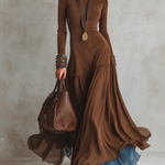 Brown Suede Paneled Double-Layer Color Block Chiffon Maxi Dress