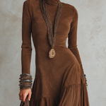 Brown Suede Paneled Double-Layer Color Block Chiffon Maxi Dress
