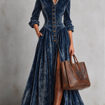 Blue Velvet Stand Collar Button Front Slit Maxi Dress