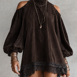 Dark Brown Corduroy Cold Shoulder Turtleneck Lace Hem Mini Dress