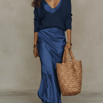 Elegant Knitted Pullover Top and Satin Midi Skirt Set