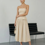 Beige Strapless Peplum Top Midi Skirt Two-Piece Dress