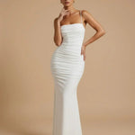 White Spaghetti Strap Ruched Backless Mermaid Maxi Dress