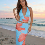 Light Blue Floral Print Halter Crop Top Maxi Skirt Set