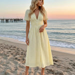 Yellow Gingham Print Puff Sleeve V-Neck Midi Dress