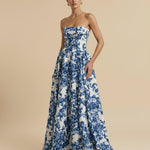 White Blue Floral Print Strapless Structured Bodice A-Line Maxi Dress