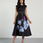Black Floral Print Cap Sleeve Midi Dress
