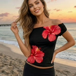 Black Hibiscus Print Off-Shoulder Short Sleeve T-Shirt