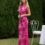 Fuchsia Floral Embroidered Spandex Bodycon Maxi Dress