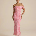 Floral Print Off-Shoulder Ruched Mesh Mermaid Maxi Dress