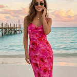 Red Floral Print Cowl Neck Spaghetti Strap Bodycon Maxi Dress