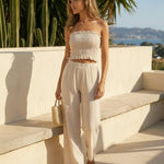 Beige Smocked Strapless Crop Top Ribbed Wide Leg Pants Set