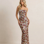 Floral Sequin Embellished Spaghetti Strap High Waist Bodycon Maxi Dress