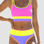 Color Contrast Patchwork Nylon Sporty 3 Piece Bikini Sets