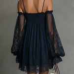 Fiorella™ | Mini Navy Chiffon Dress with Off-the-Shoulder Neckline, Lace Details, and Sheer Sleeves