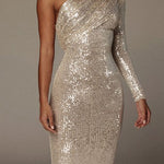 One-shoulder Wrapped Sequins Evening Dress