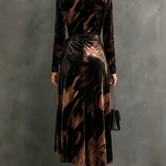 Velvet Wrap Collared Long Sleeve Abstract Print Tie Waist Asymmetrical Hem  Midi Dress