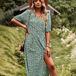 Zeagoo Women's Button Down V Neck Full Print High Waist A-Line Summer Casual Dress