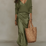 Elegant Knitted Pullover Top and Satin Midi Skirt Set