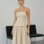 Beige Strapless Peplum Top Midi Skirt Two-Piece Dress