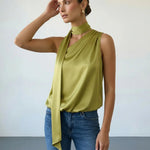 Olive Green Satin Asymmetric Halter Neck Tie Top