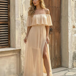 Apricot Swiss Dot Off Shoulder High Slit Maxi Dress