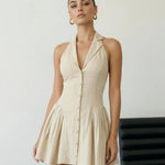 Beige Halter Neck Linen Blend Pleated Mini Dress