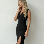 Black Solid Ruched V-Neck Sleeveless Slit Bodycon Midi Dress