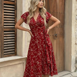 Red Floral V-Neck Wrap Flutter Sleeve Midi Dress