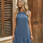 Dusty Blue Sleeveless Round Neck Ruffle Hem Mini Dress