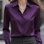 Solid color long-sleeved versatile shirt with lapel satin shirt