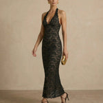 Black Halter Neck Lace Bodycon Maxi Dress