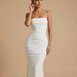 White Spaghetti Strap Ruched Backless Mermaid Maxi Dress