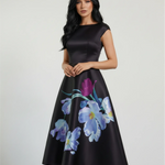 Black Floral Print Cap Sleeve Midi Dress