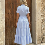 Stripe Collared V-Neck Tiered Belt Maxi Shirt Dress