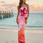 Pink Orange Floral Print Halter Neck Bodycon Maxi Dress