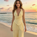 Yellow Halter Cowl Neck Sleeveless Two-Piece Pants Set