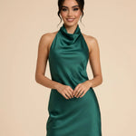 Dark Green Cowl Neck Satin Slim Fit Mini Dress