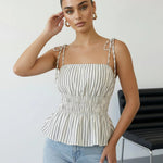 Striped Tie Shoulder Smocked Waist Peplum Cami Top