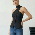 Black Asymmetrical One Shoulder Neck Tie Blouse