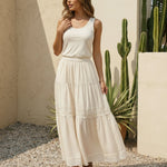 Cream White Tiered Lace Trim Maxi Skirt
