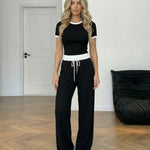 Black Contrast Trim Short Sleeve Crop Top High Waist Drawstring Pants Set