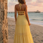 Yellow Chiffon Tiered Regular Fit Beach Maxi Dress