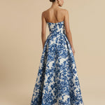 White Blue Floral Print Strapless Structured Bodice A-Line Maxi Dress