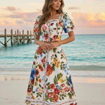 Colorful Floral Print Puff Sleeve Crop Top Midi Skirt Set