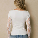 White Elegant Boat Neck Sheer Floral Lace Long Sleeve Top